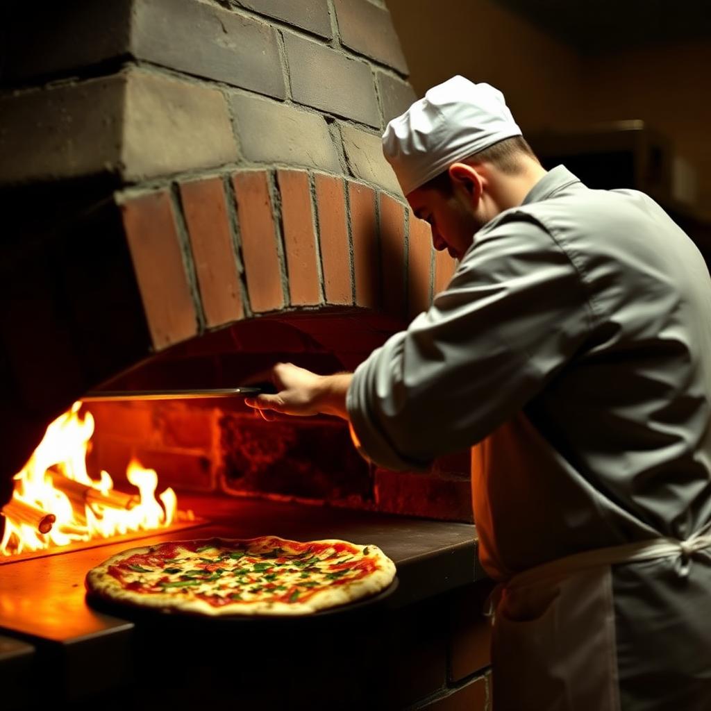 Chef working the wood-fired brick oven